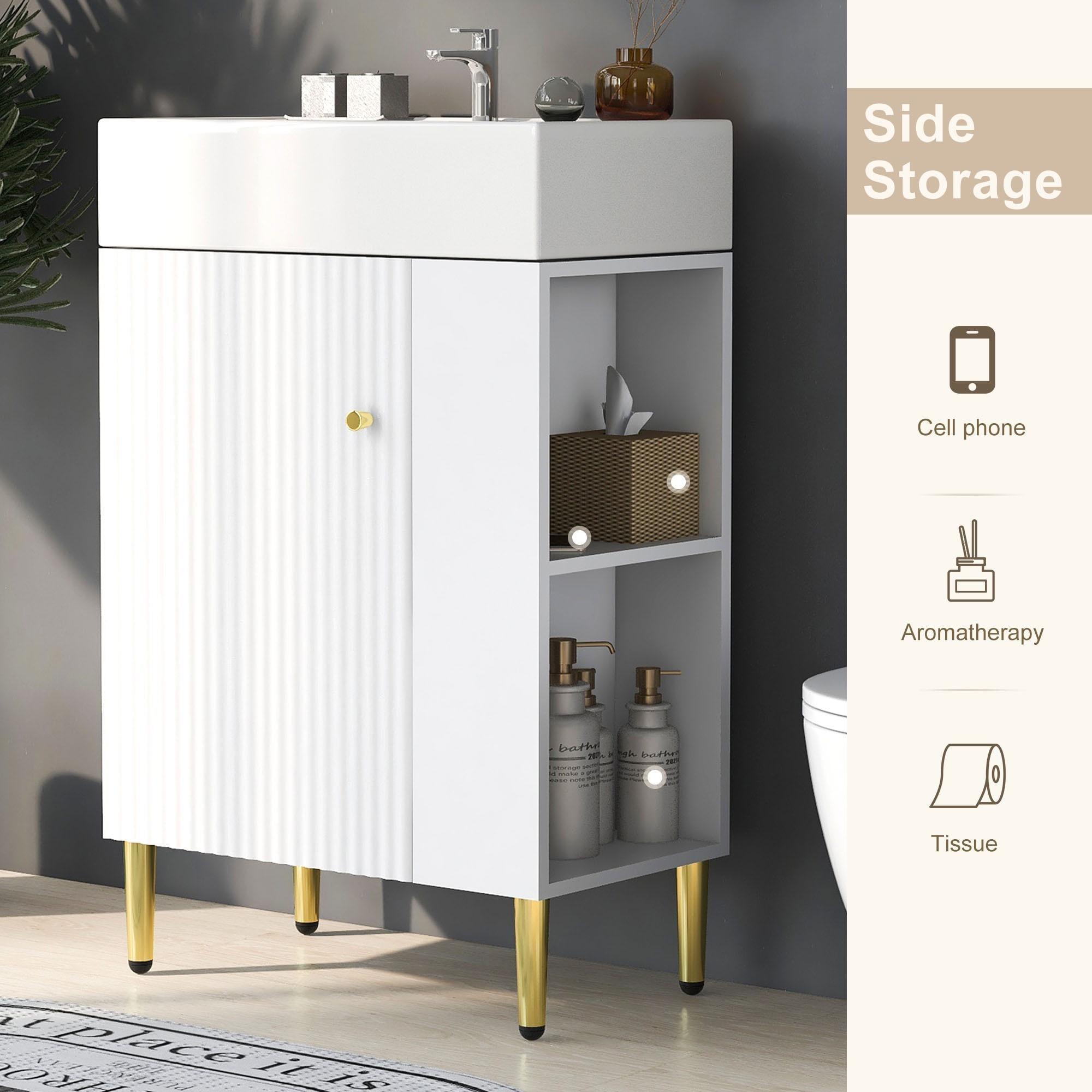 21.6'' White and Gold Freestanding Bathroom Vanity with Ceramic Sink