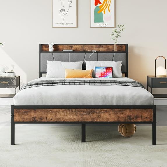 Bellemave Modern Industrial Full Platform Bed with Storage Headboard and USB Ports Black Metal Bed Frame with Charging Station and Metal Slats, Noise-Free, No Box Spring Needed, Full Size