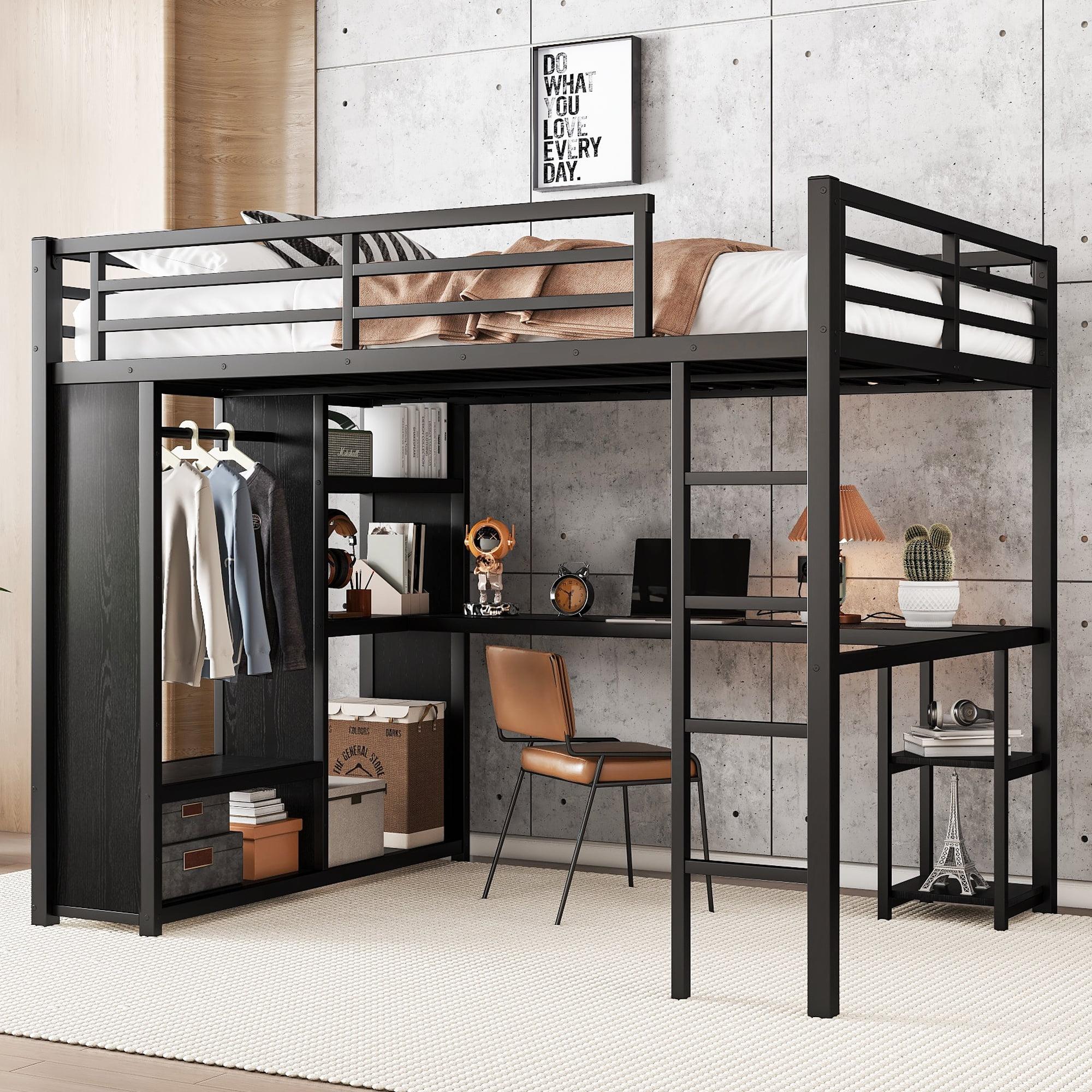 Bellemave Queen Size Loft Bed with Desk and Wardrobe Metal Loft Bed with Storage Shelves Loft Bed Frame with Guardrails for Kids, Teens, No Box Spring Needed (Queen, Black)