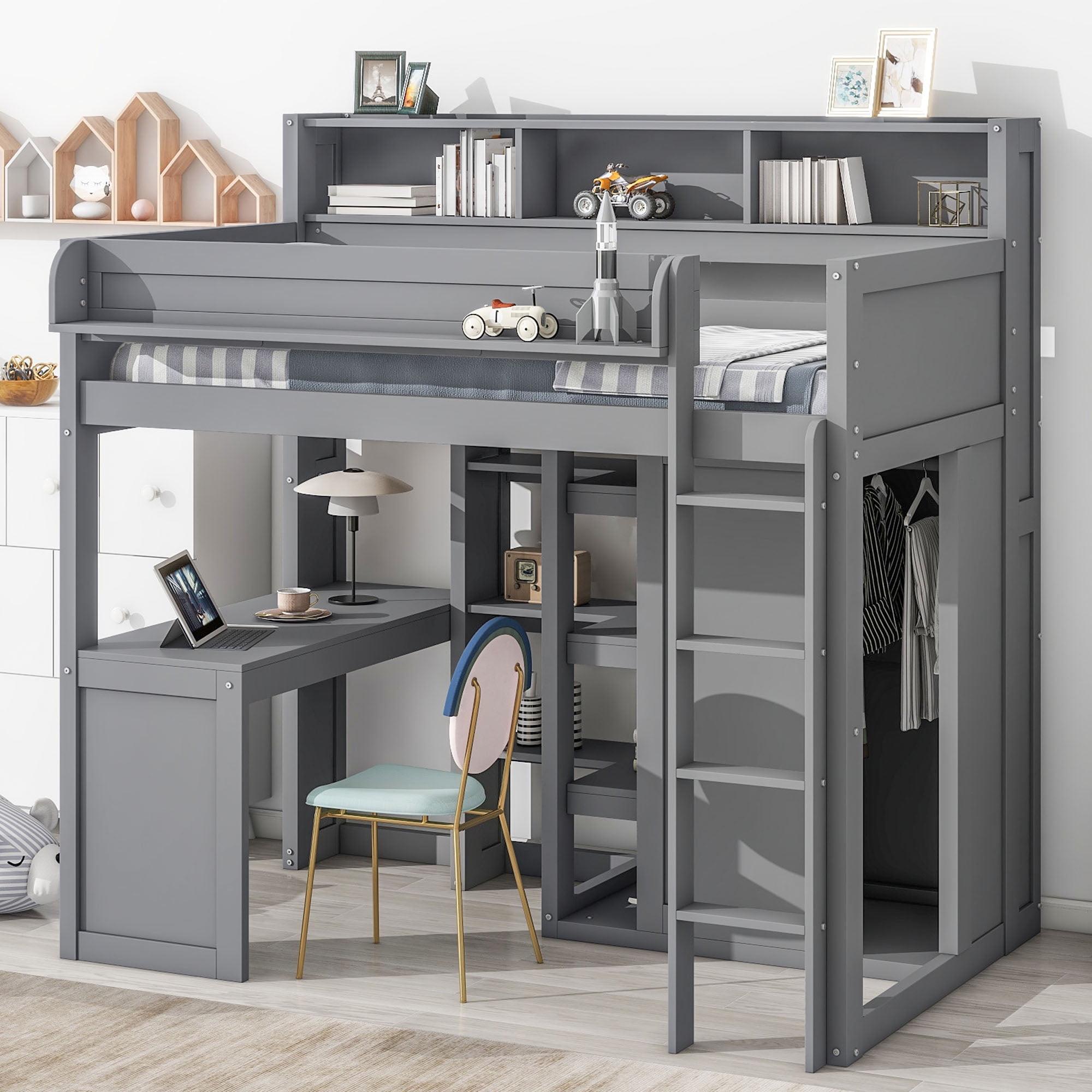 Bellemave Twin Size Loft Bed with Wardrobes and Desk, Wood Loft Beds Frame with Storage Shelves and Cabinet, High Loft Bed for Kids Teens Adults (Gray)