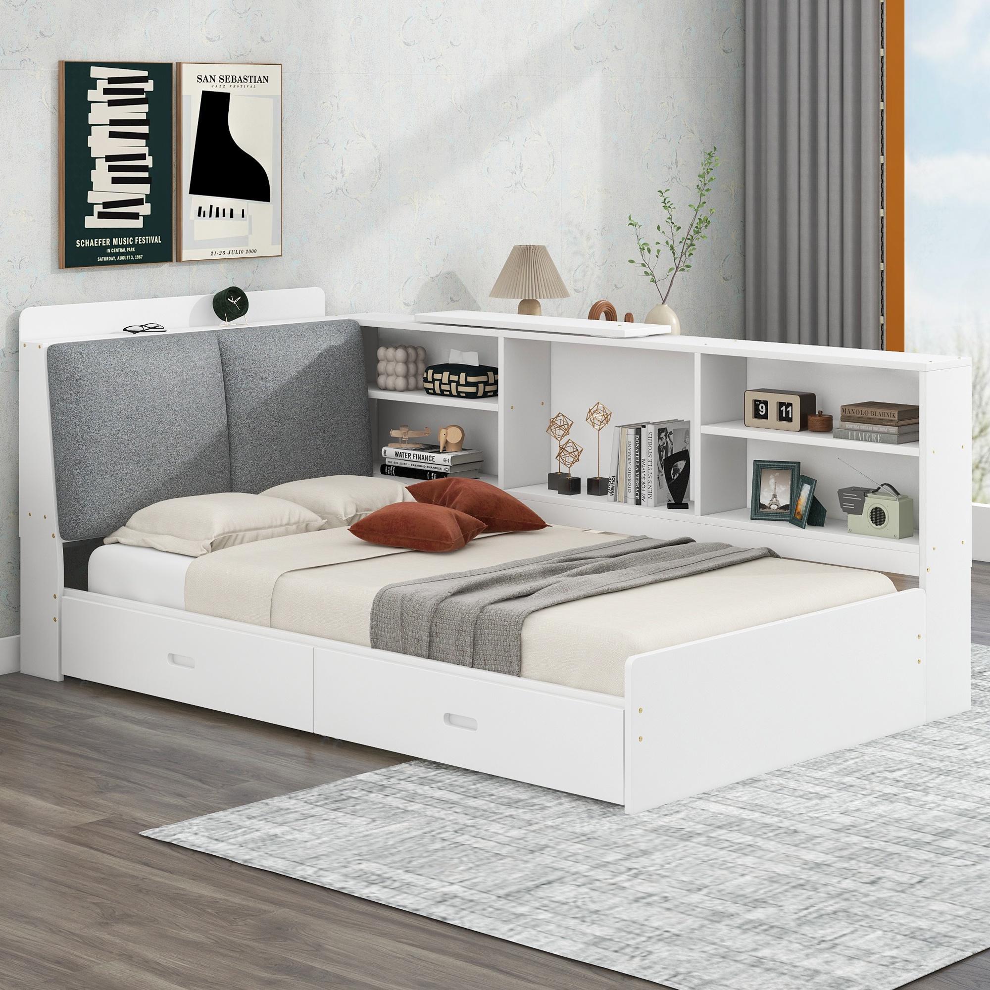 Bellemave Twin Size Platform Bed with Storage Drawers, Solid Wood Daybed with Storage Headboard and Bookcase, Sofa Bed Frame Upholstered Headboard for Kids Boys Girls（White)