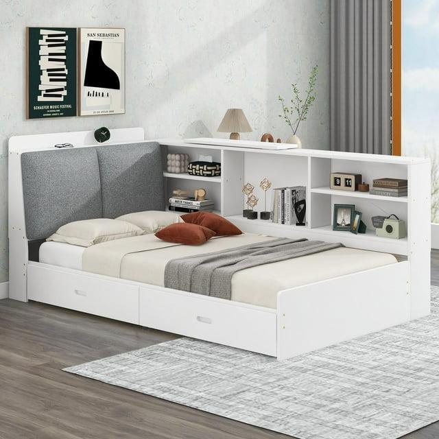 Bellemave Twin Size Platform Bed with Storage Drawers, Solid Wood Daybed with Storage Headboard and Bookcase, Sofa Bed Frame Upholstered Headboard for Kids Boys Girls（White)