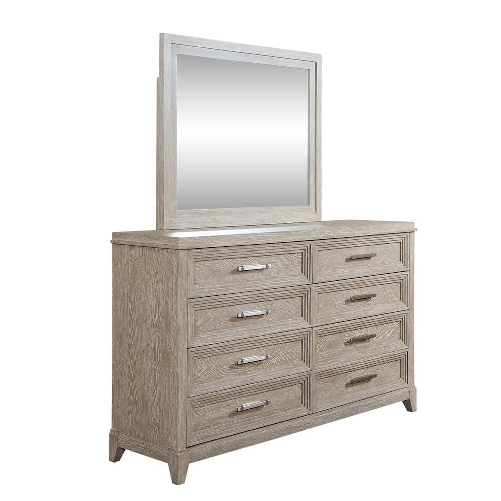 Washed Taupe Rubberwood Dresser with Mirror and Felt Lined Drawers