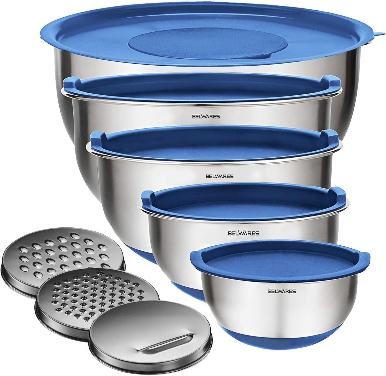 Mixing Bowls with Lids Set - Nesting Bowls with Airtight Lids + Graters - Stainless Steel Non-Slip Mixing Bowl for Baking, (Blue, 5-Piece Set)