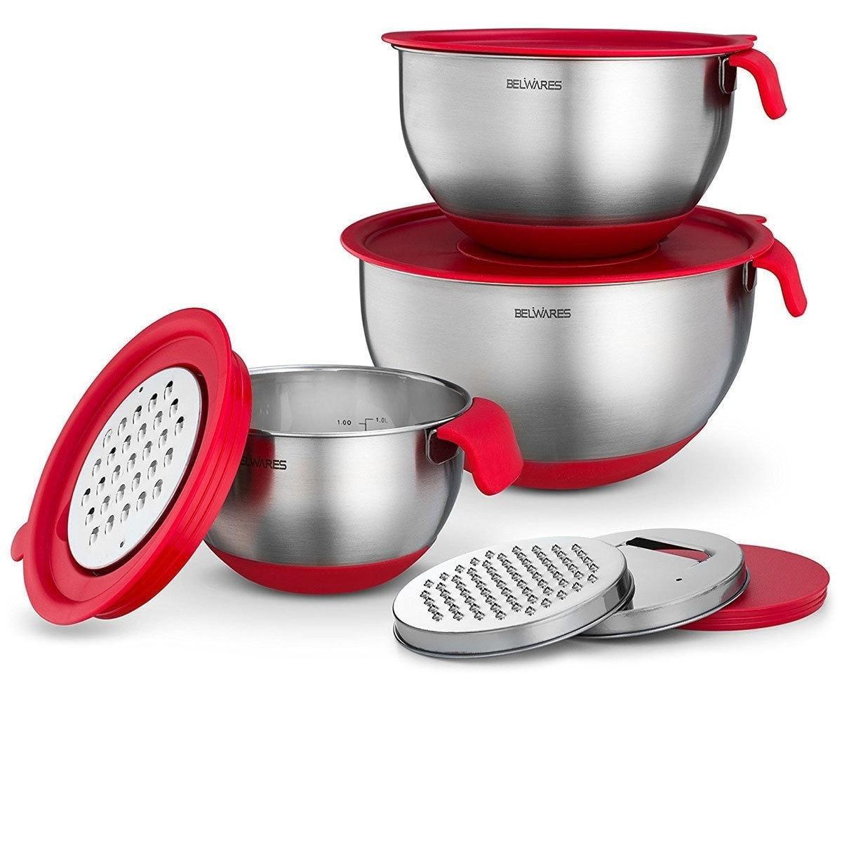 Belwares Mixing Bowls with Lids Set - 3-Piece Stainless Steel Nesting Bowls with Graters, Handles, and Airtight Lids - Non-Slip Mixing Bowls for Cooking, Baking, Prepping, and Food Storage (Red)