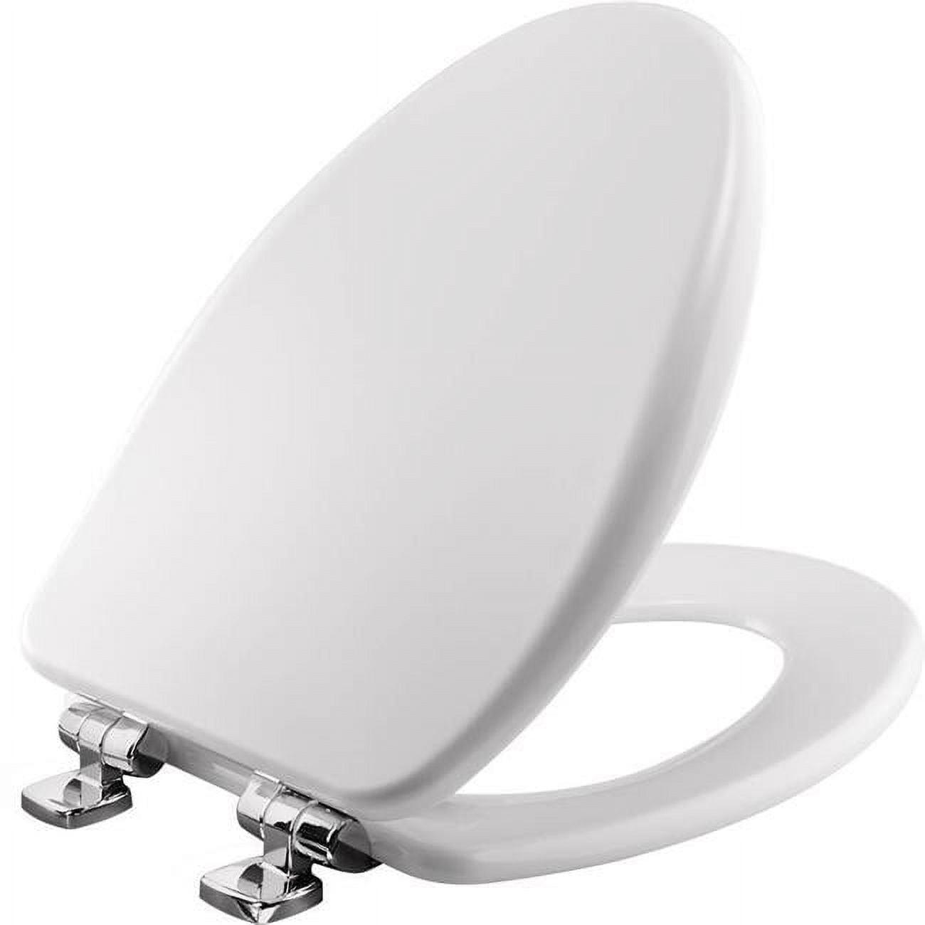 White Elongated Enameled Wood Toilet Seat with Chrome Hinges