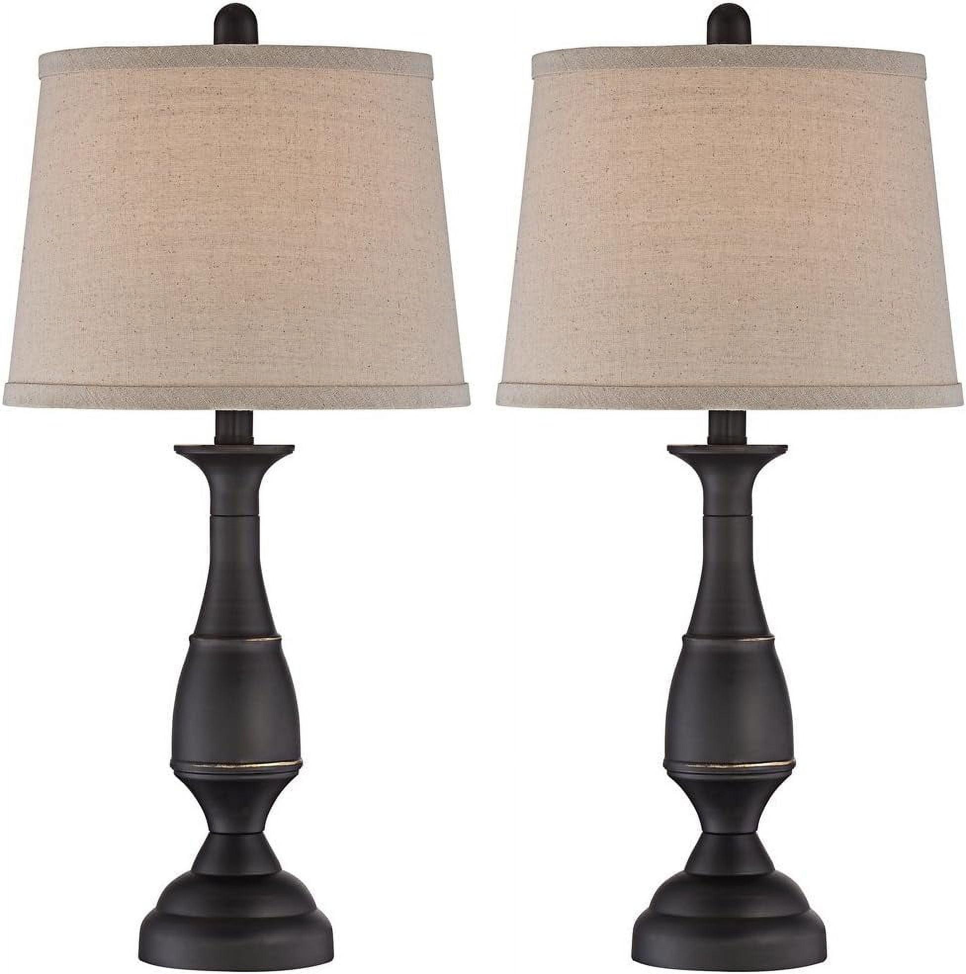 Rustic Farmhouse Dark Bronze Metal Table Lamp Set with Linen Drum Shades