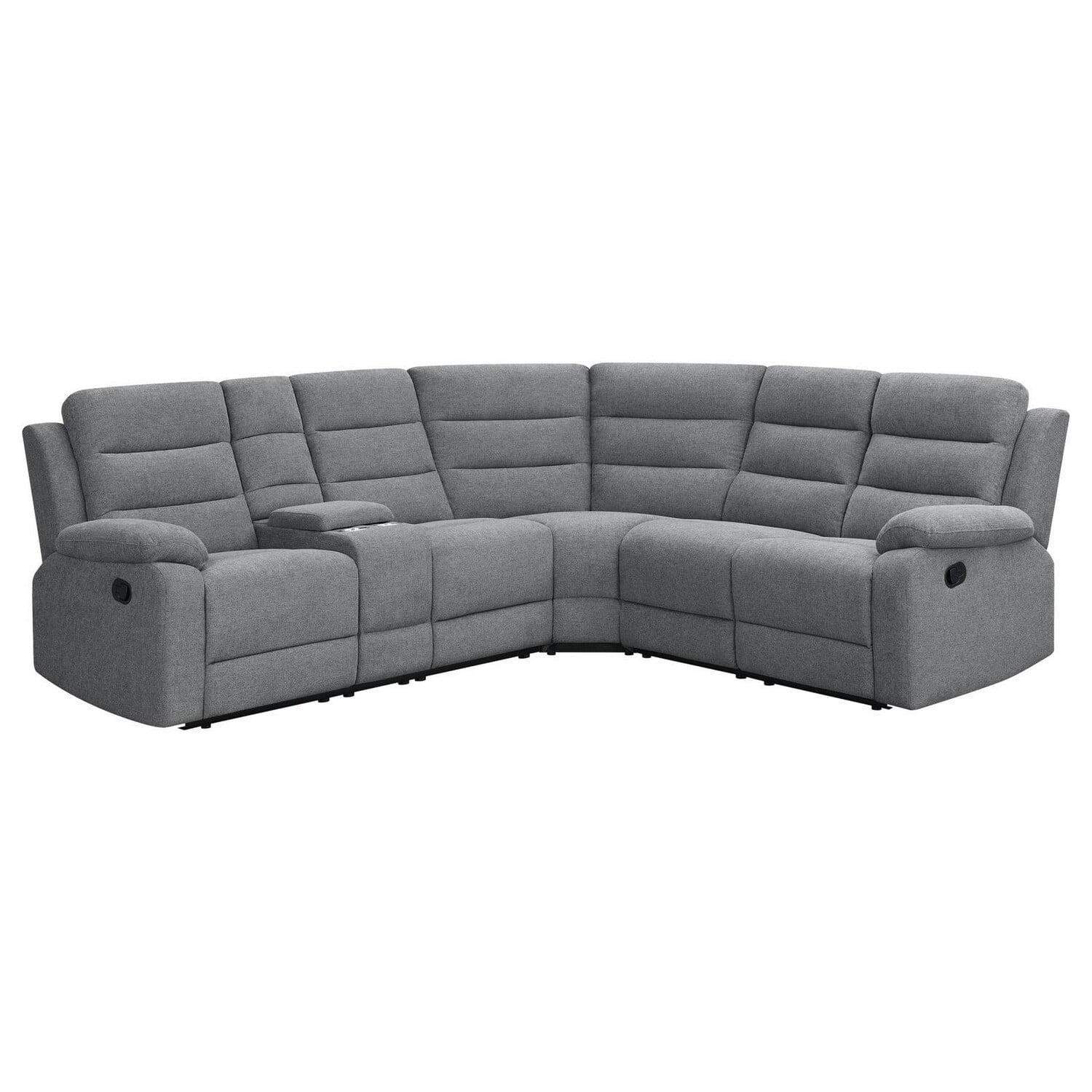Benjara 106 Inch 3 Piece Sectional Sofa Manual Recliner, Dual AC/USB, Smoke Gray-Color:Gray,Material:smoke linen