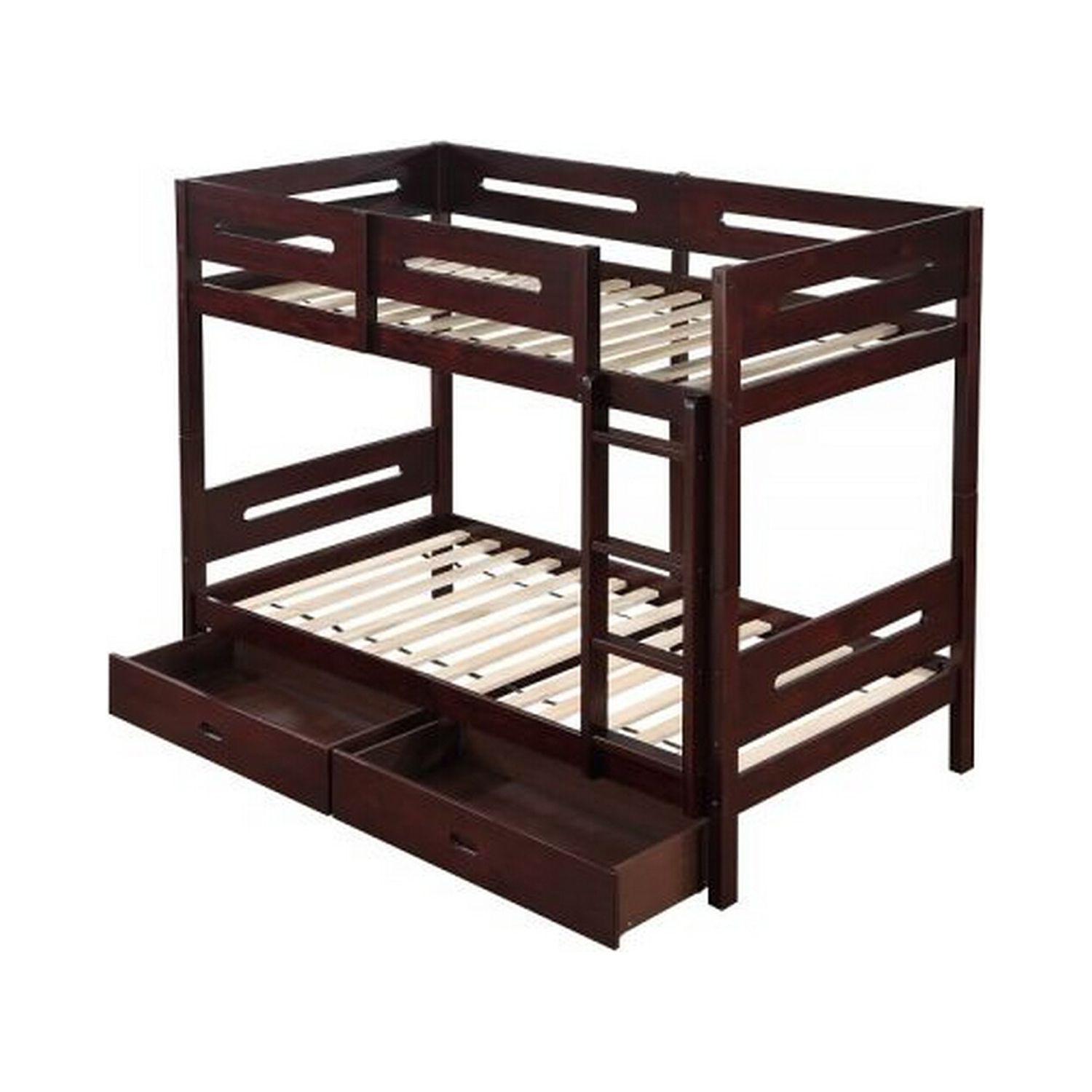 Benjara Asin Twin Bunk Bed, Front Facing Ladder, Storage, Solid Pine Wood, Brown