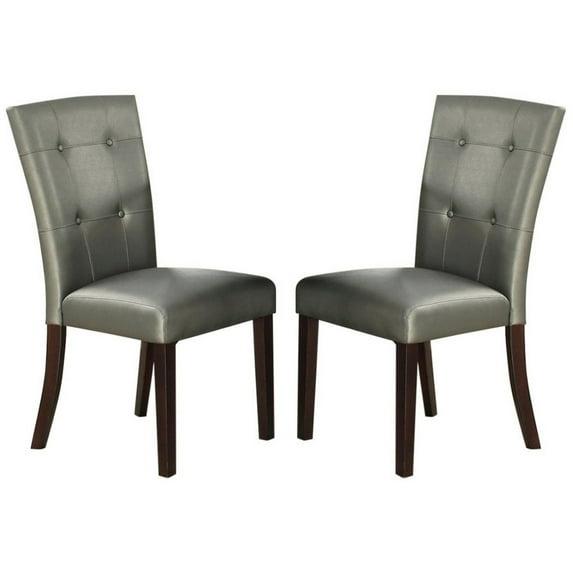 BenJara Button Tufted Faux Leather Wooden Dining Chair, Set Of 2,Silver