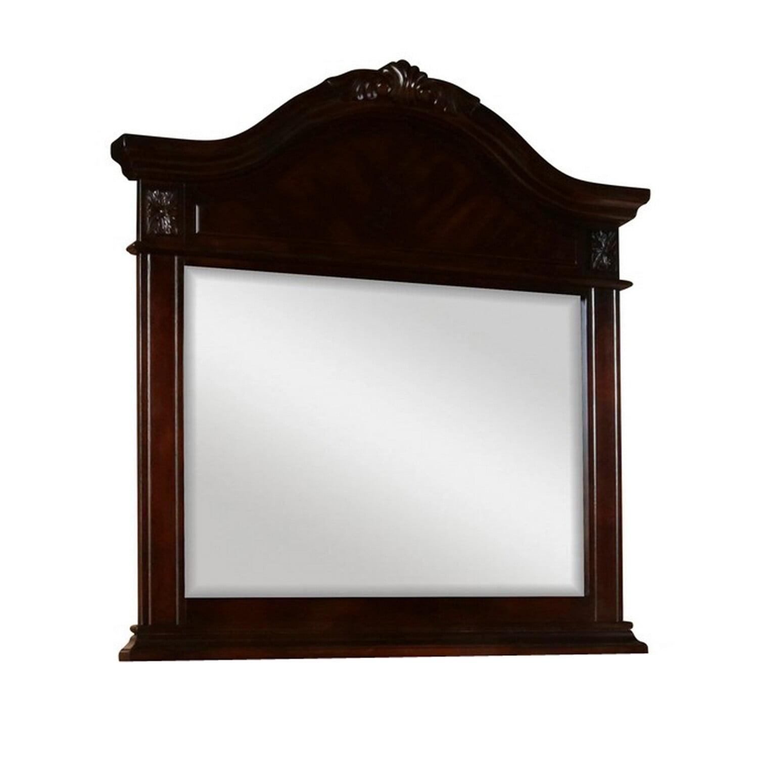 Arched Dark Brown Maple Wood Dresser Mirror with Hand Carved Frame