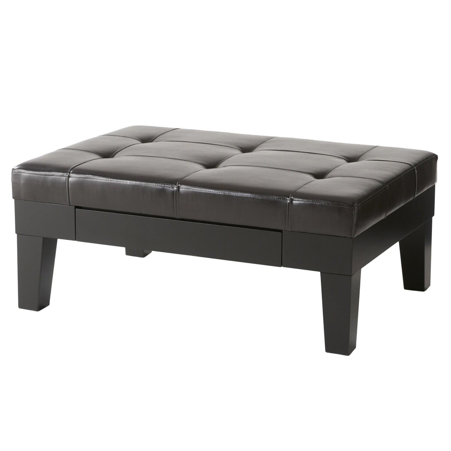 Benjara Olivia Ottoman Table, Drawer, Black Faux Leather, Coffee Brown 41 Inch