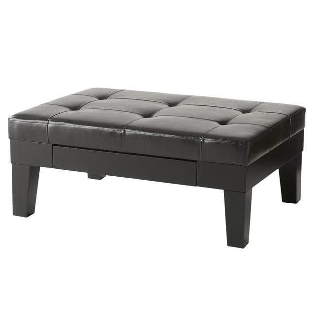 Benjara Olivia Ottoman Table, Drawer, Black Faux Leather, Coffee Brown 41 Inch