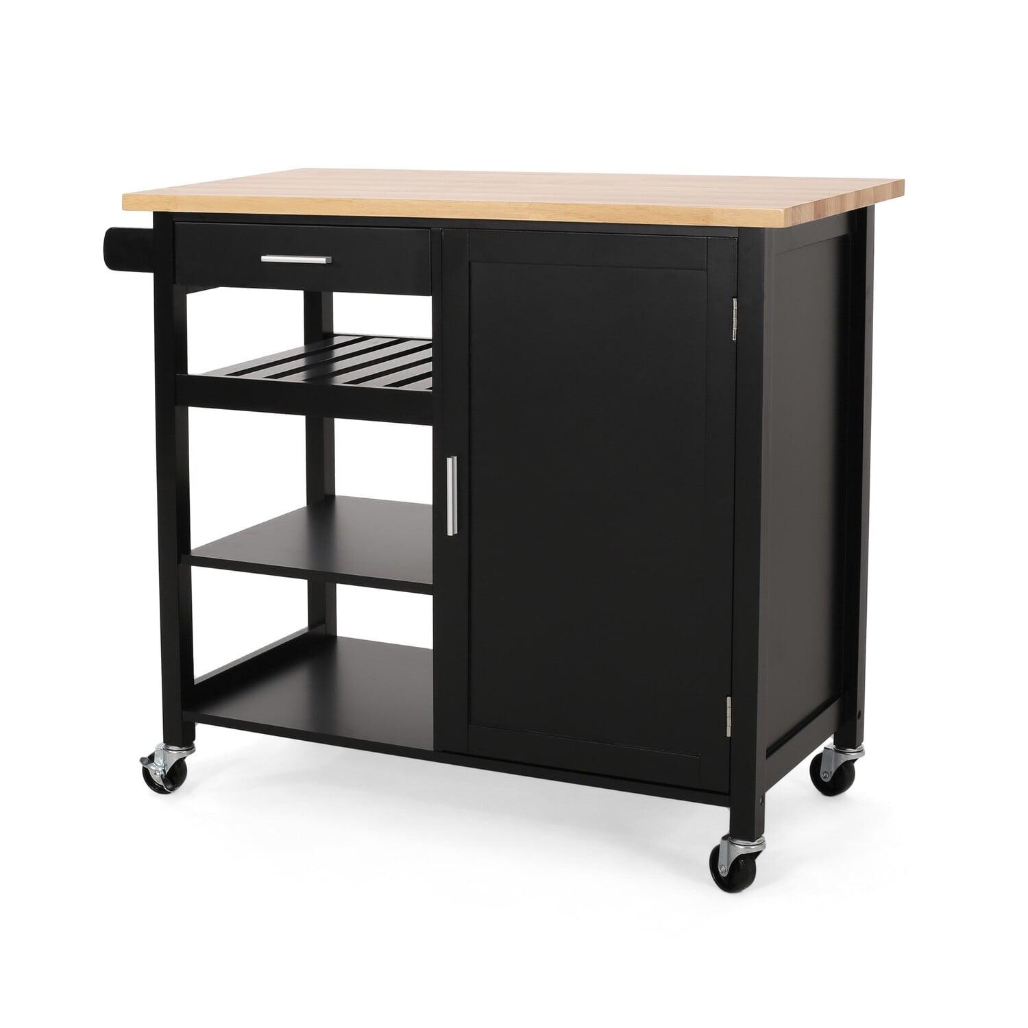 Rolling Kitchen Bar Cart, 3 Shelves, Cabinet, 42 Inch Black and Brown