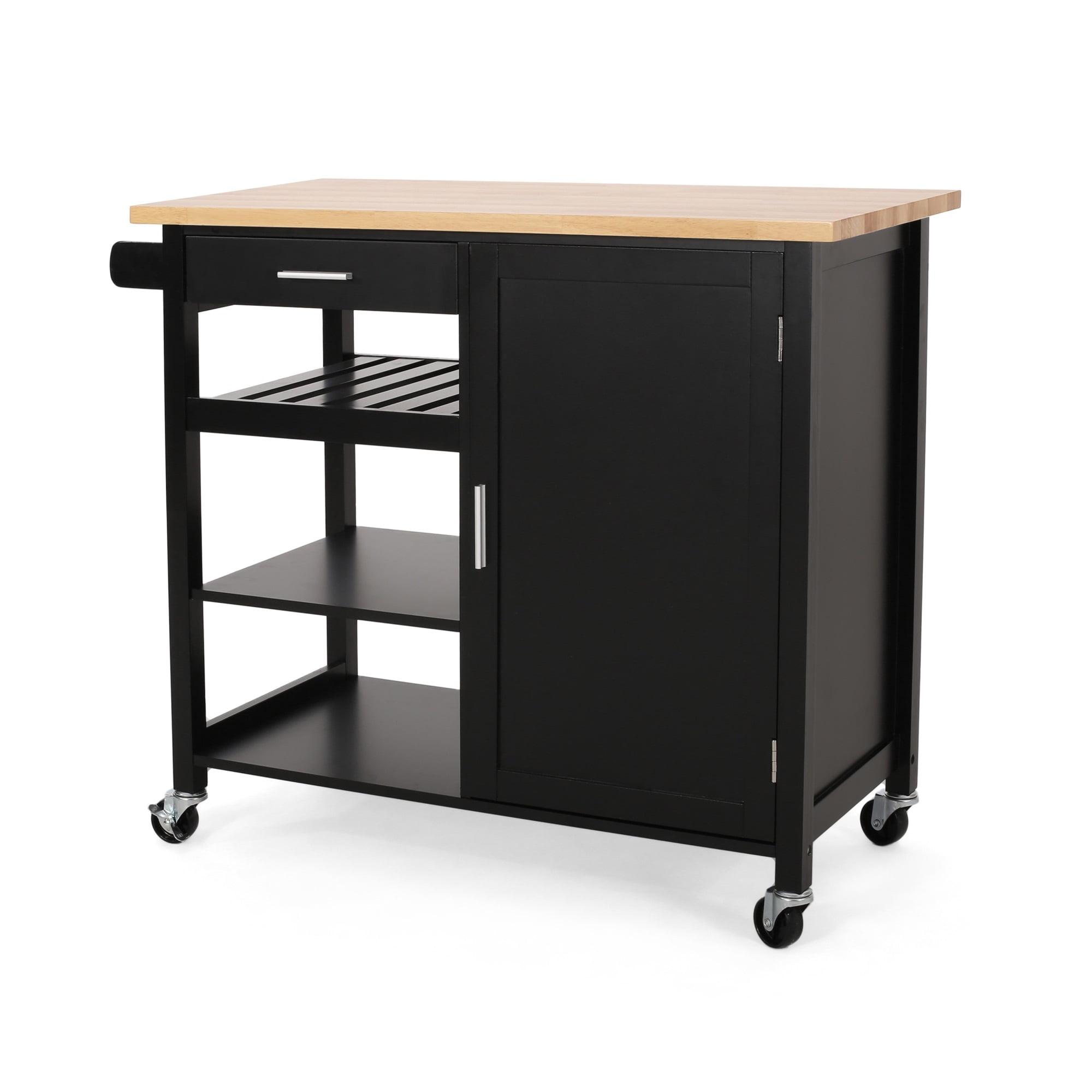 Rolling Kitchen Bar Cart, 3 Shelves, Cabinet, 42 Inch Black and Brown