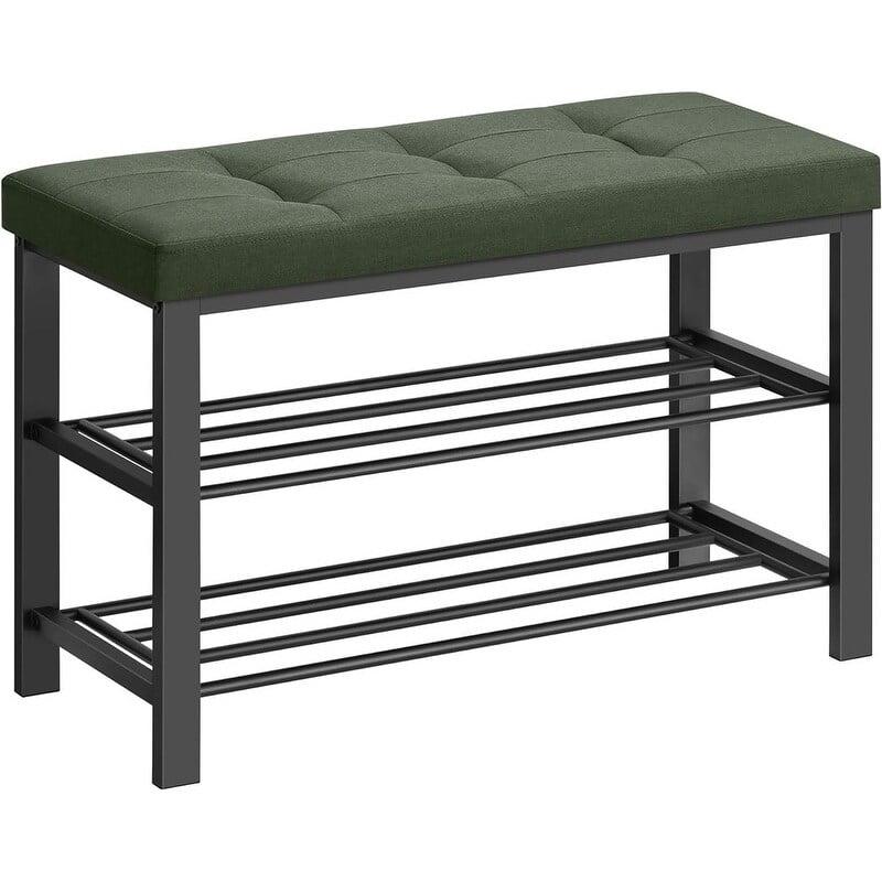 Storage Bench with Cushion, 3-Tier Shoe Rack for Entryway Organizer with Foam Padded Seat, Linen, Metal Frame, for Living Room, Hallway, Forest Green and Ink Black, 31.9" W