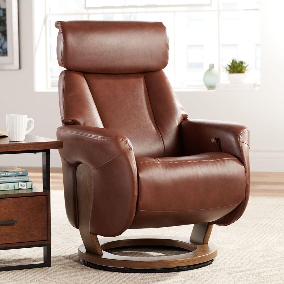 BenchMaster Brown Swivel Faux Leather Recliner Chair Modern Armchair Comfortable Manual Reclining Footrest Headrest for Bedroom