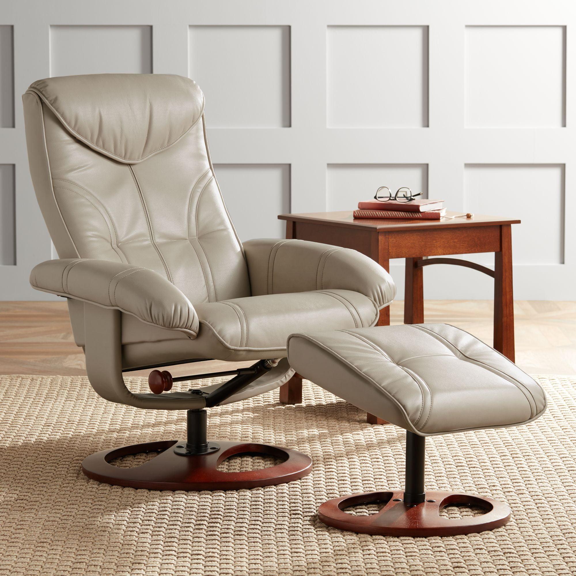 Taupe Bonded Leather Swivel Recliner with Walnut Base and Ottoman