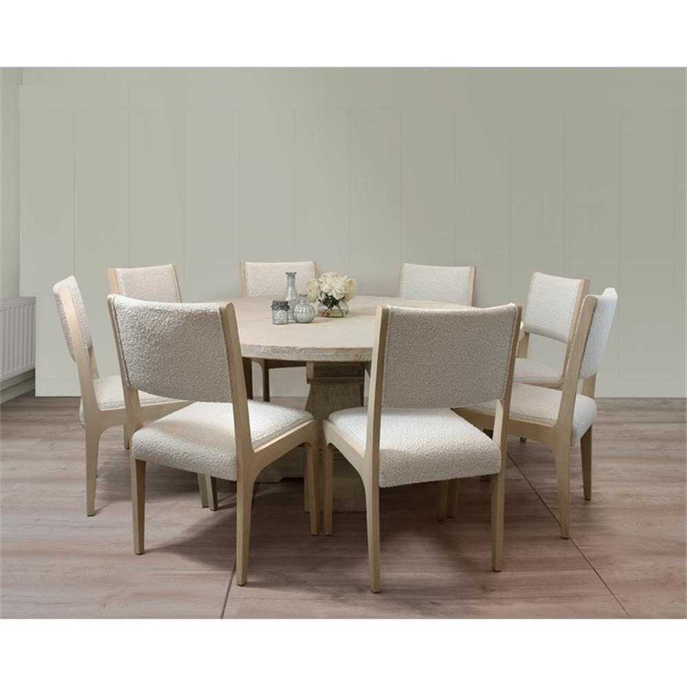 Benedict 70" Distressed White Wash Round Dining Set with 8 Ivory Ash Chairs