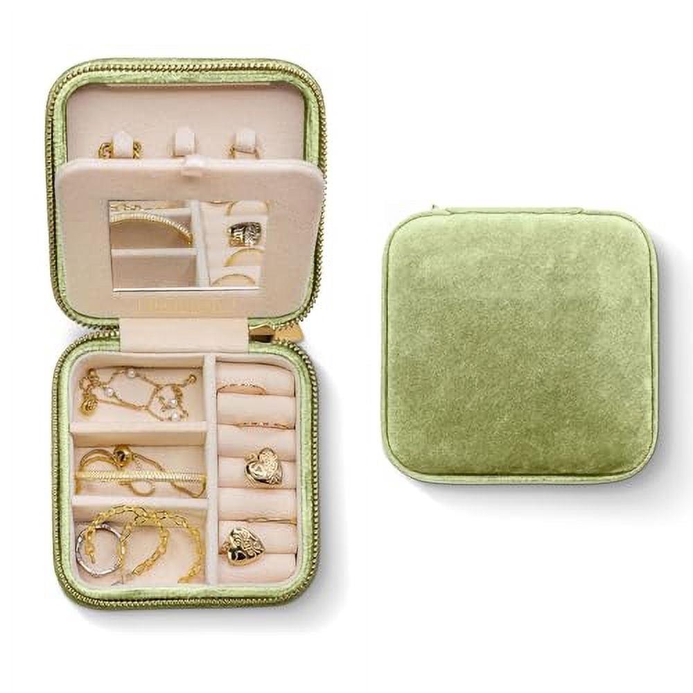 Benevolence LA Plush Velvet Square Travel Jewelry Box with Mirror- Mistletoe Green