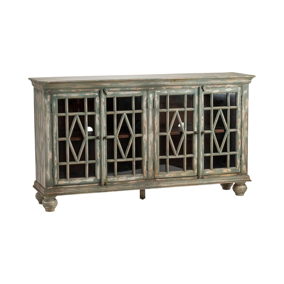 Crestview Bengal Manor 74" Distressed Green Mango Wood Sideboard