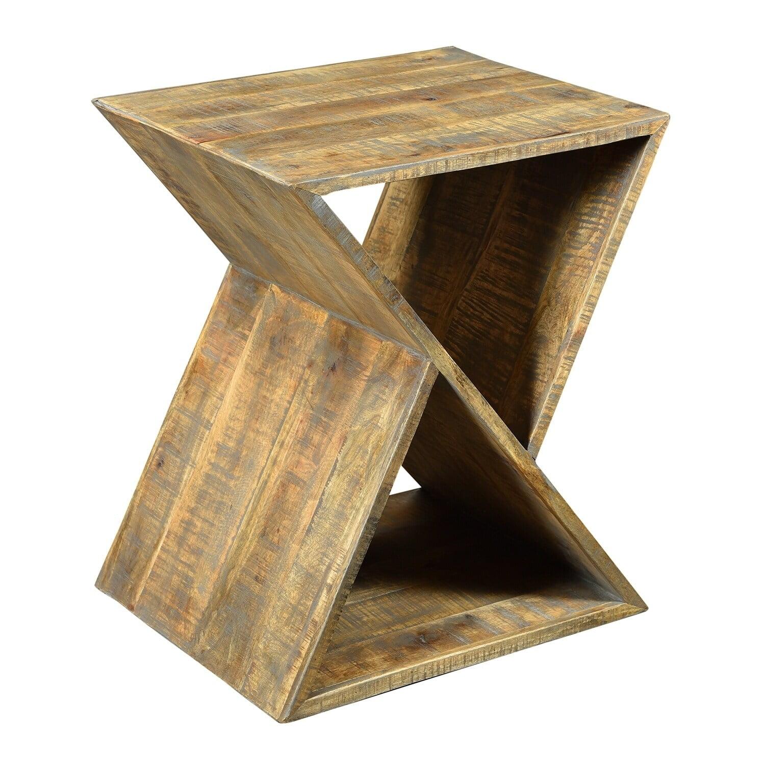 Triangular Slatted Mango Wood End Table in Grey-Brown