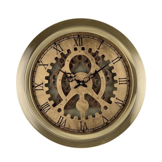 Benjara  18 in. Reny Roman Analog Round Wall Clock, Gear Design - Gold Bronze