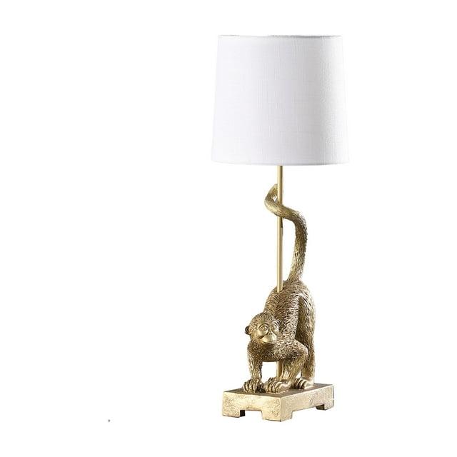 Benjara Ree 24 Inch Accent Table Lamp, Monkey Resin Sculpture, Drum Shade, Gold