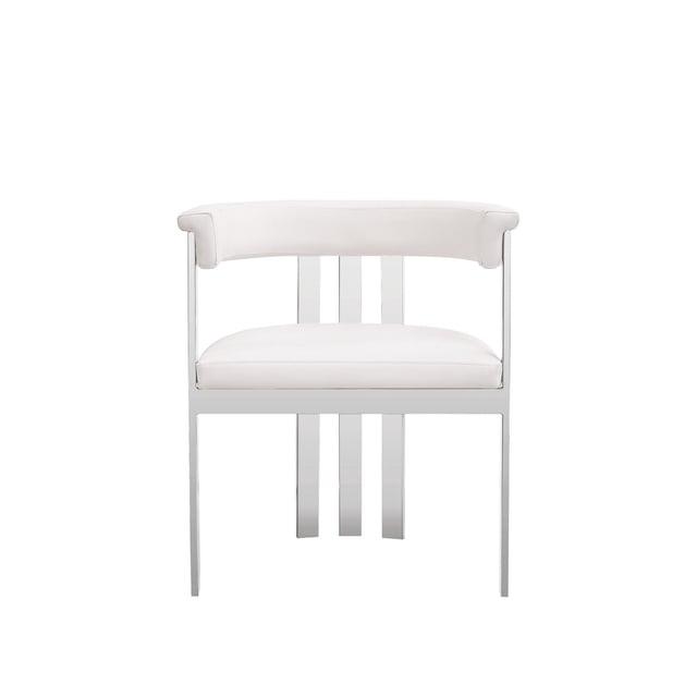 Benjara Cid Tayc 25 Inch Dining Chair, White Faux Leather, Stainless Steel Frame