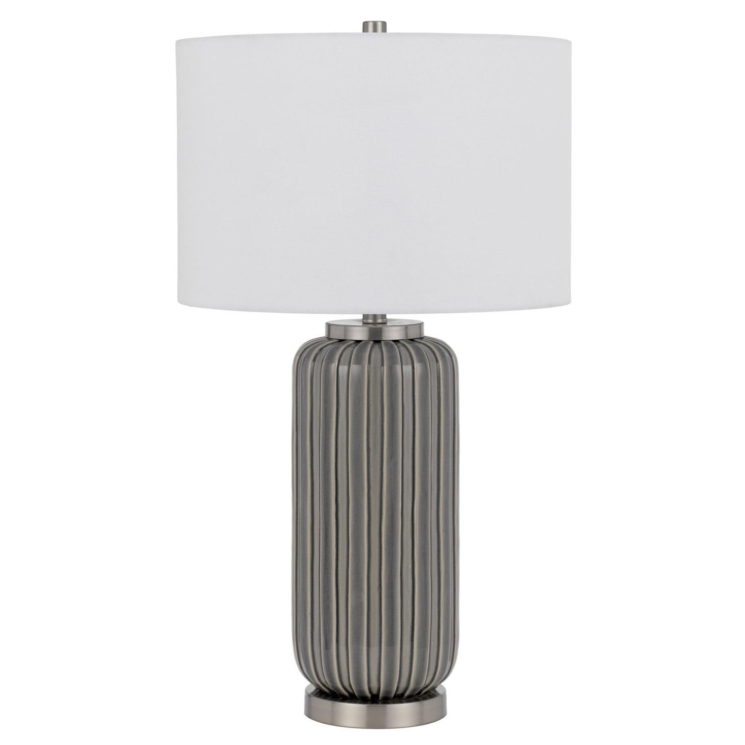 Benjara 29 Inch Ceramic Curved Table Lamp with Stripes, Dimmer, Grey