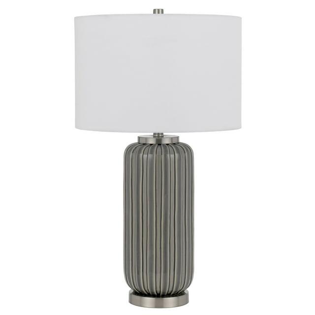 Benjara 29 Inch Ceramic Curved Table Lamp with Stripes, Dimmer, Grey