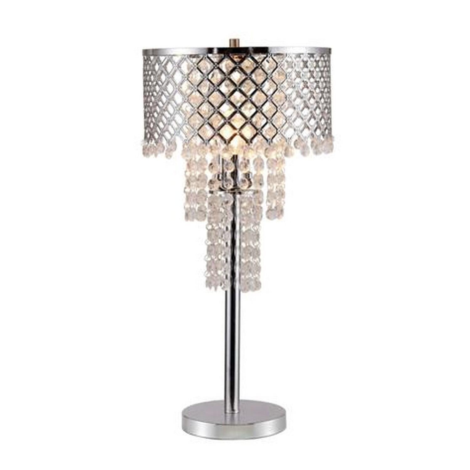 Benjara Denise 29 Inch Table Lamp, Glass, Metal Frame, Mesh Shade, Crystals, Gold
