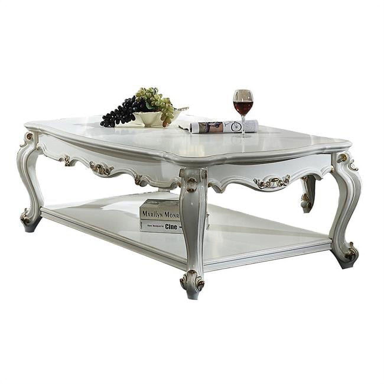 Elegant Antique Pearl White and Gold Rectangular Coffee Table with Storage Shelf