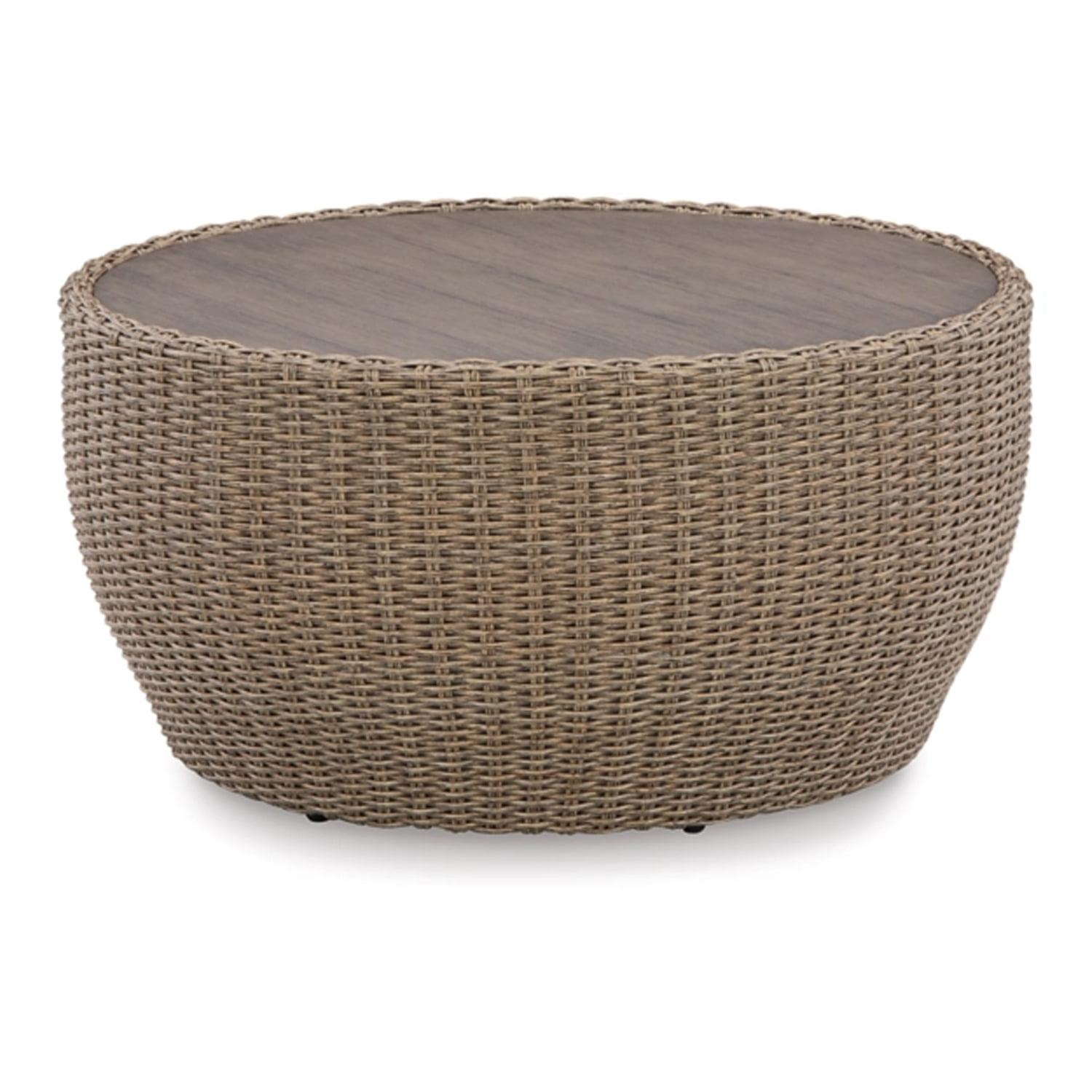 Beige Round Resin Wicker Outdoor Coffee Table with Aluminum Top