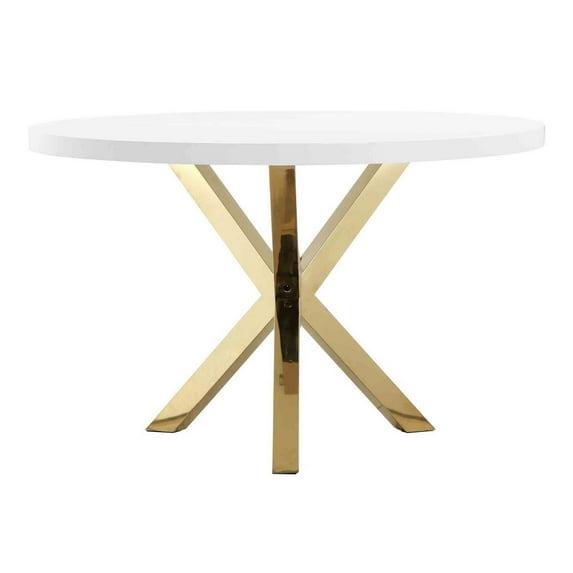 Benjara Emi 47 Inch Dining Table, Round White Lacquer Top, X Twisted Gold Legs