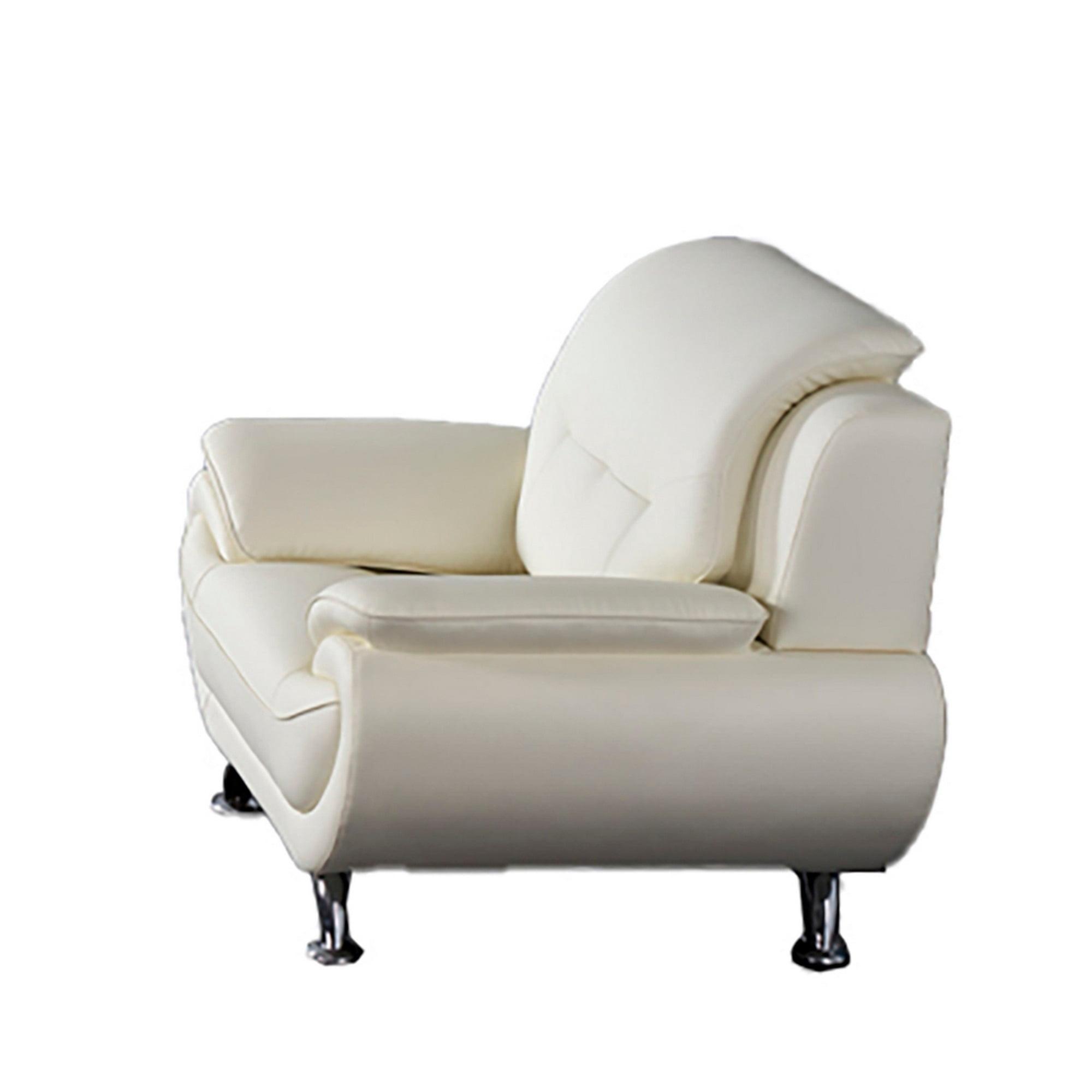 Benjara Olaf 50 Inch Sofa Chair, Tufted Ivory Faux Leather, Chrome Metal, Wood