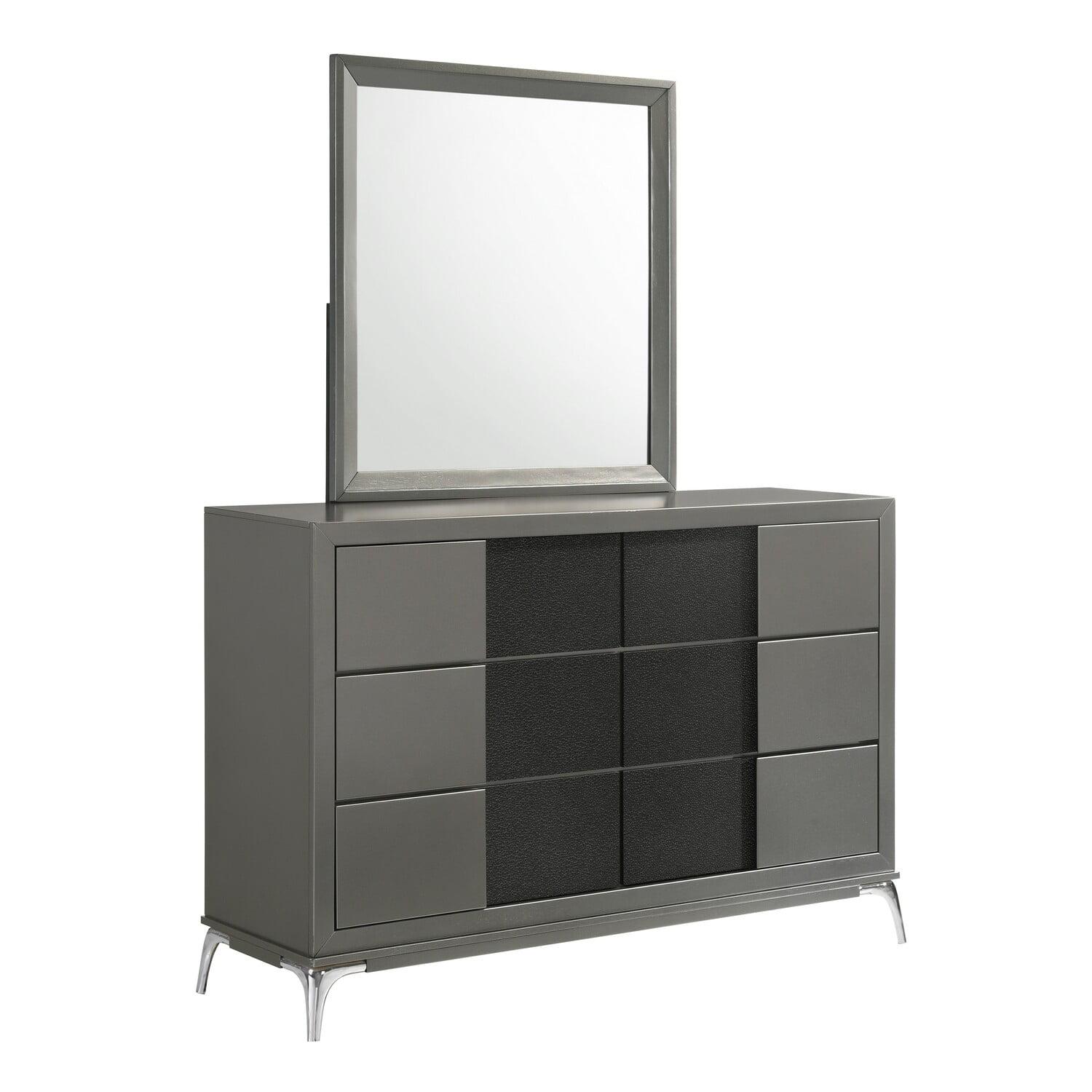 Benjara Rya 56 Inch Modern Wide Dresser with 6 Drawers, Gray Wood, Chrome