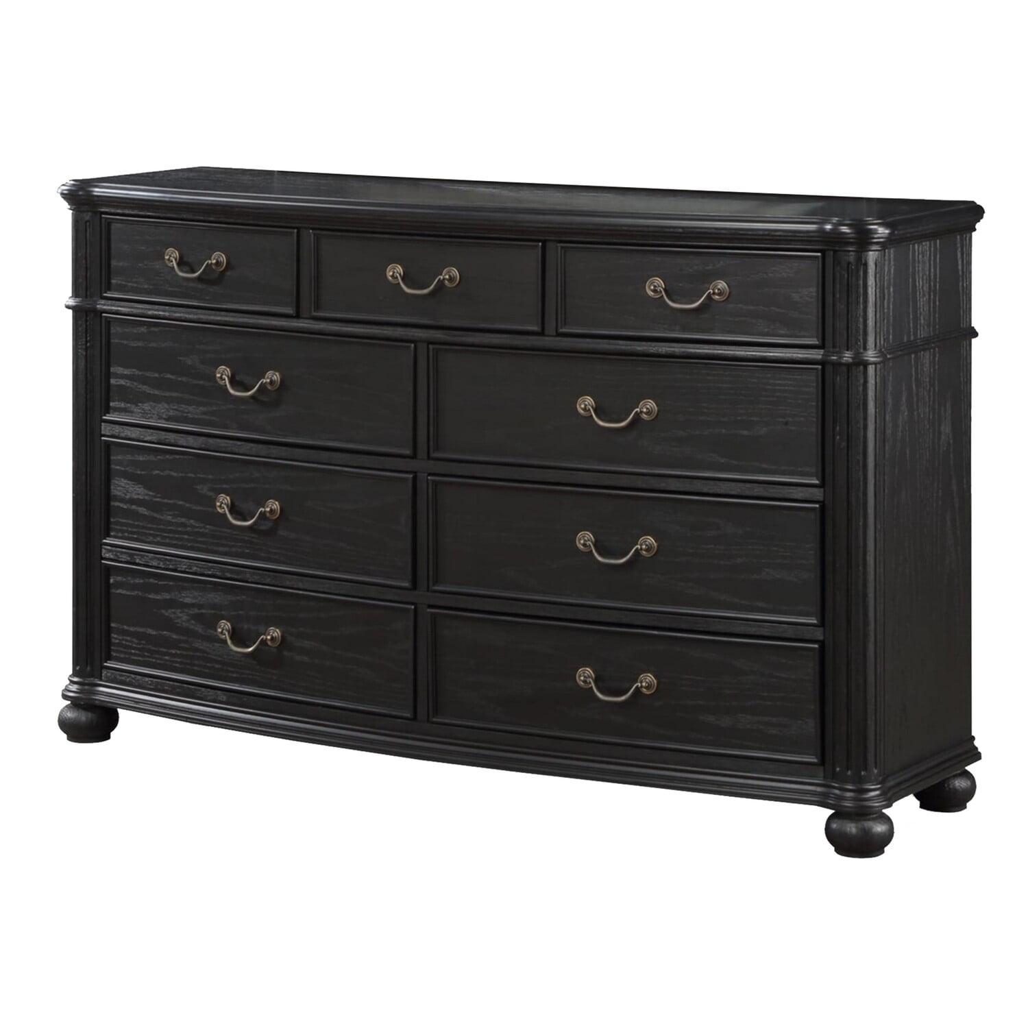 Berry 62 Inch Wide Dresser With Mirror, 9 Drawers, Floated Top, Black Wood