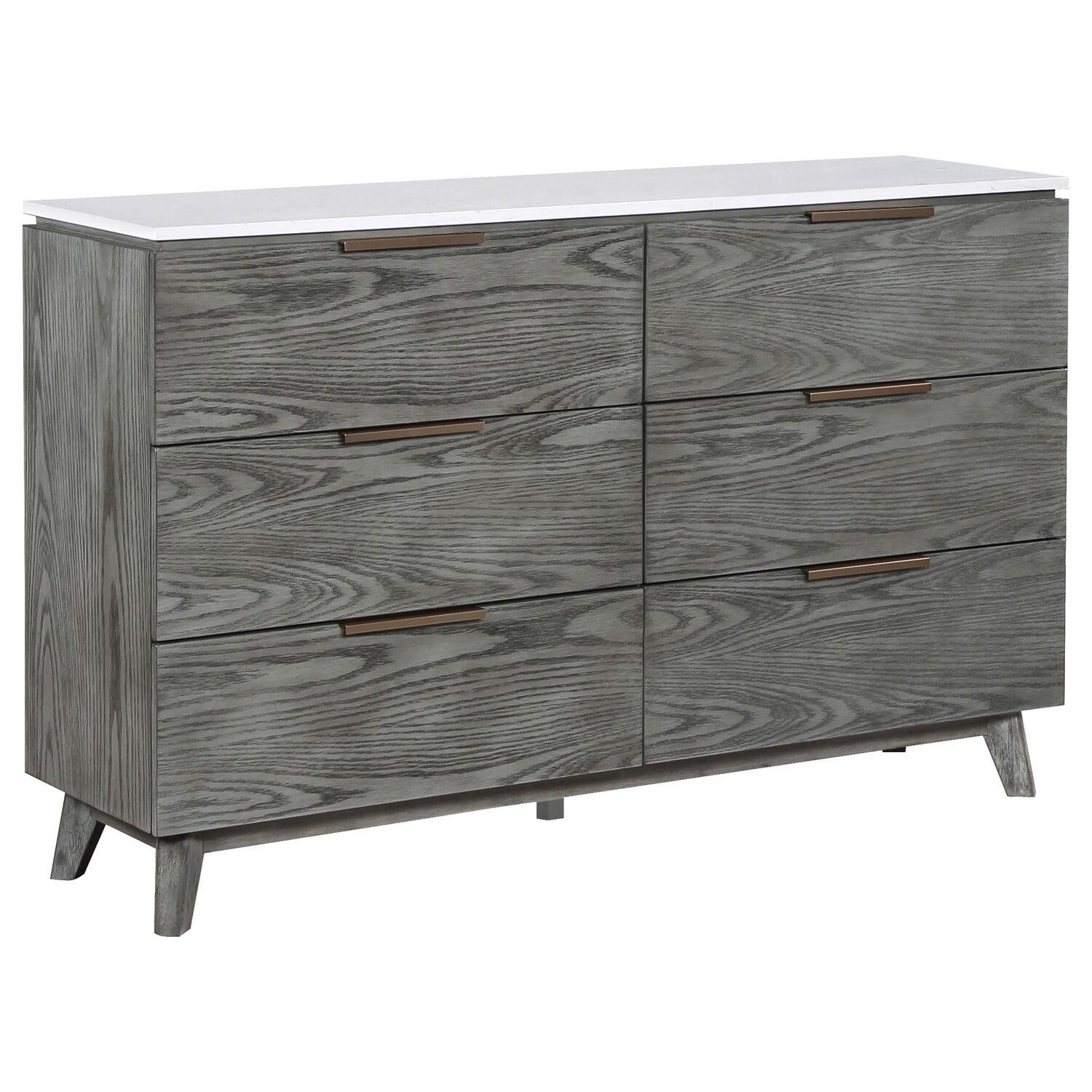 Tira 63 Inch Wide Dresser, 6 Drawers with Handles, White Marble Top, Gray