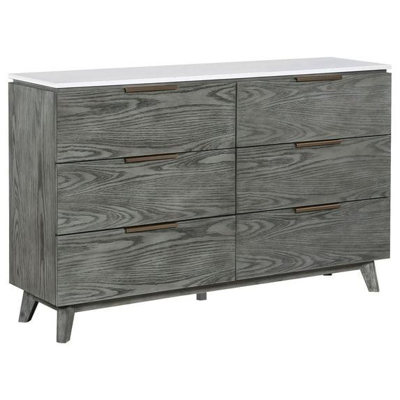 Tira 63 Inch Wide Dresser, 6 Drawers with Handles, White Marble Top, Gray