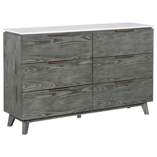 Tira 63 Inch Wide Dresser, 6 Drawers with Handles, White Marble Top, Gray