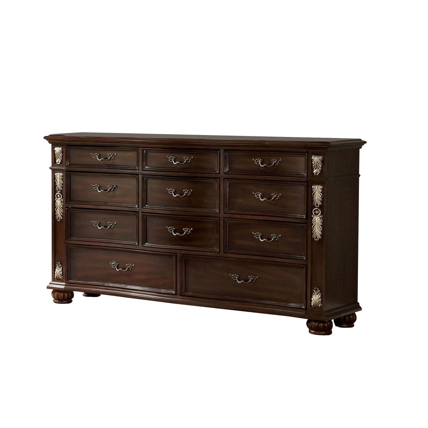 Benjara 66.75" Brown Solid Wood 11-Drawer Dresser with Carved Details