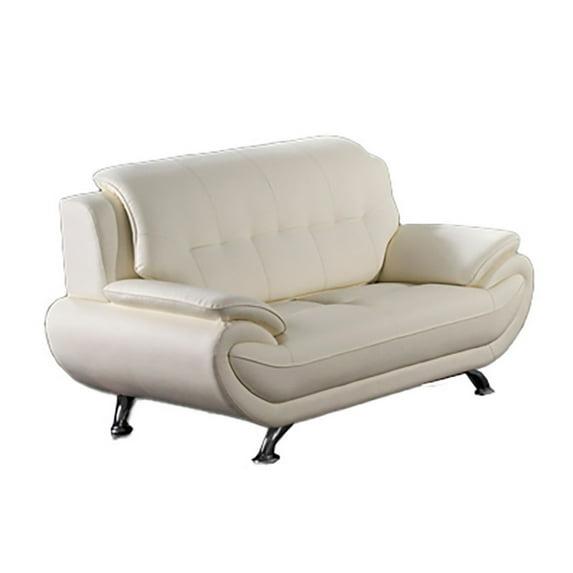 Benjara Olaf 69 Inch Loveseat, Tufted Ivory Faux Leather, Chrome Metal, Wood-Color:IvoryMaterial