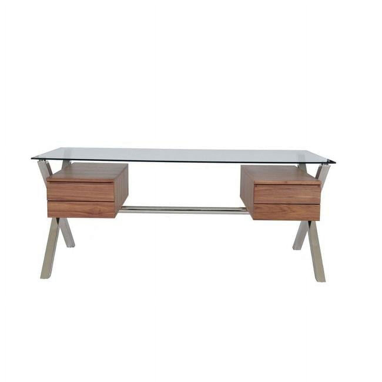 Benjara Tia 71 Inch Large Office Desk, Glass Tempered Top, 4 Drawers, Light Brown