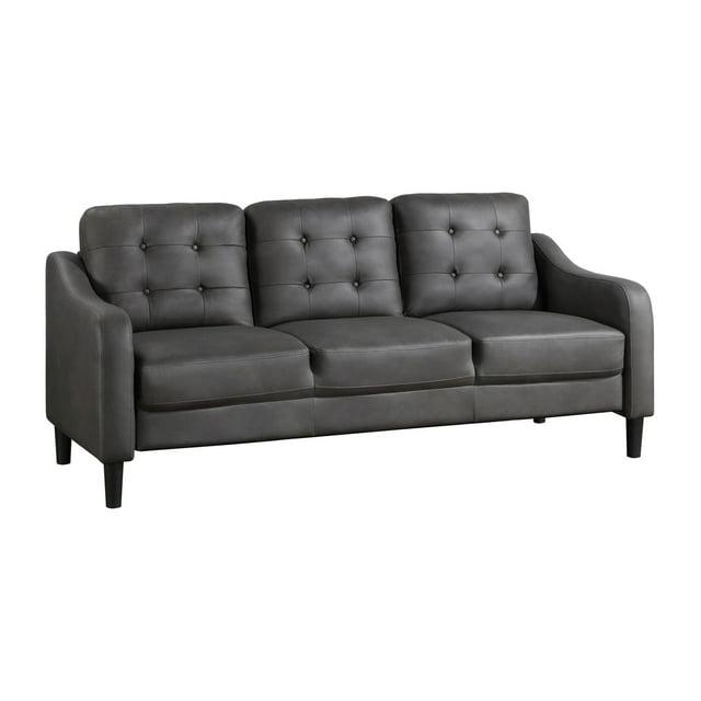 Benjara Orry 77 Inch Sofa, Button Tufted Back, Gray Microfiber, Black Solid Wood