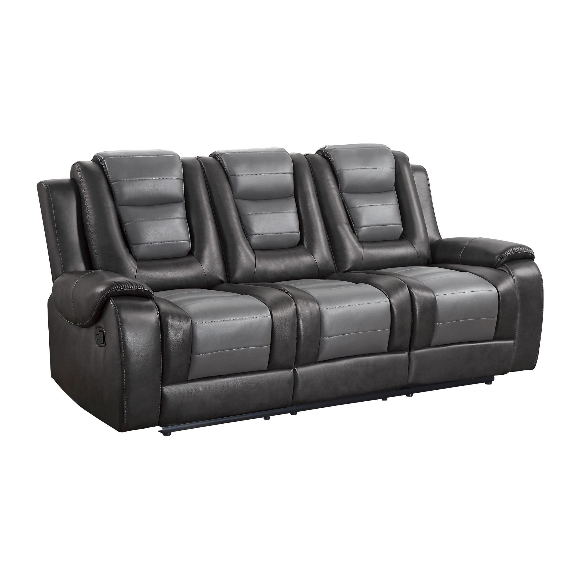 Istro 86 Inch Dual Manual Recliner Sofa, Drop Table, Gray Faux Leather