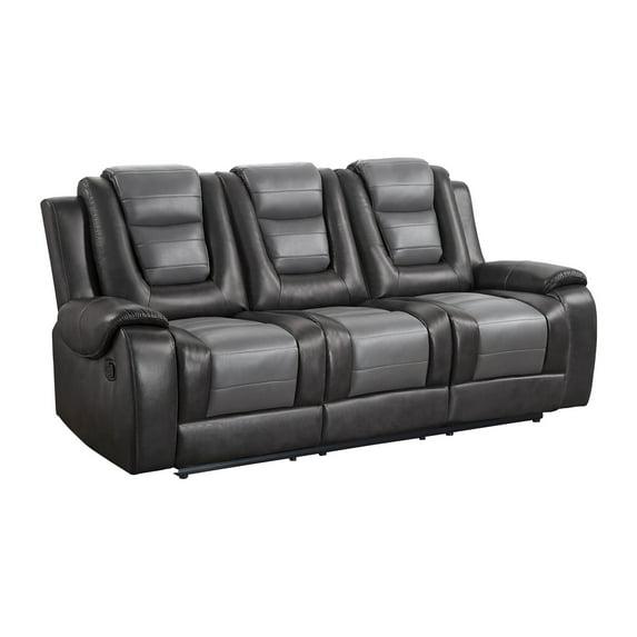 Istro 86 Inch Dual Manual Recliner Sofa, Drop Table, Gray Faux Leather