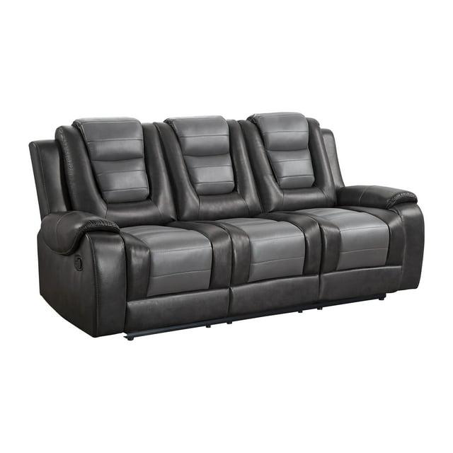 Istro 86 Inch Dual Manual Recliner Sofa, Drop Table, Gray Faux Leather