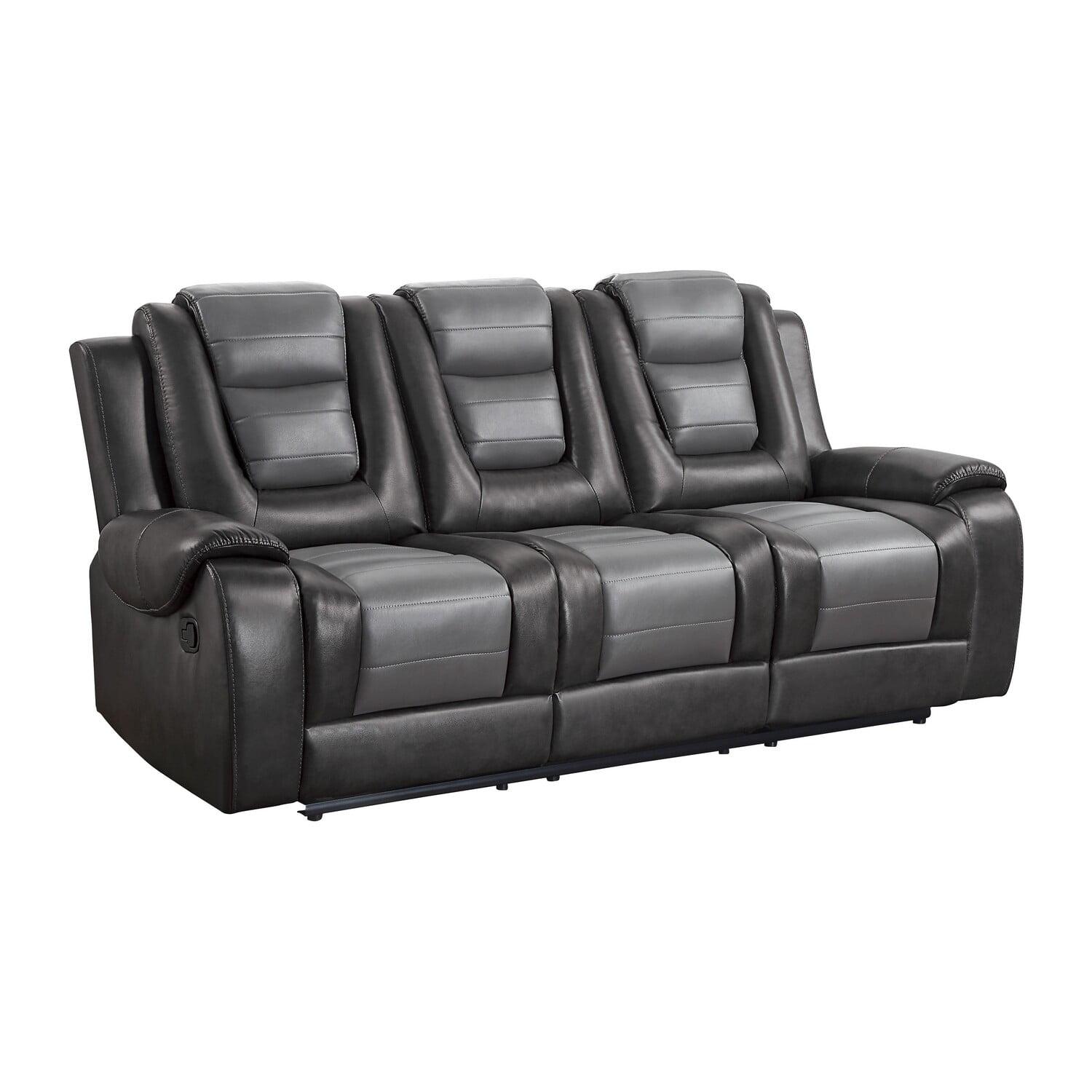 Istro 86 Inch Dual Manual Recliner Sofa, Drop Table, Gray Faux Leather