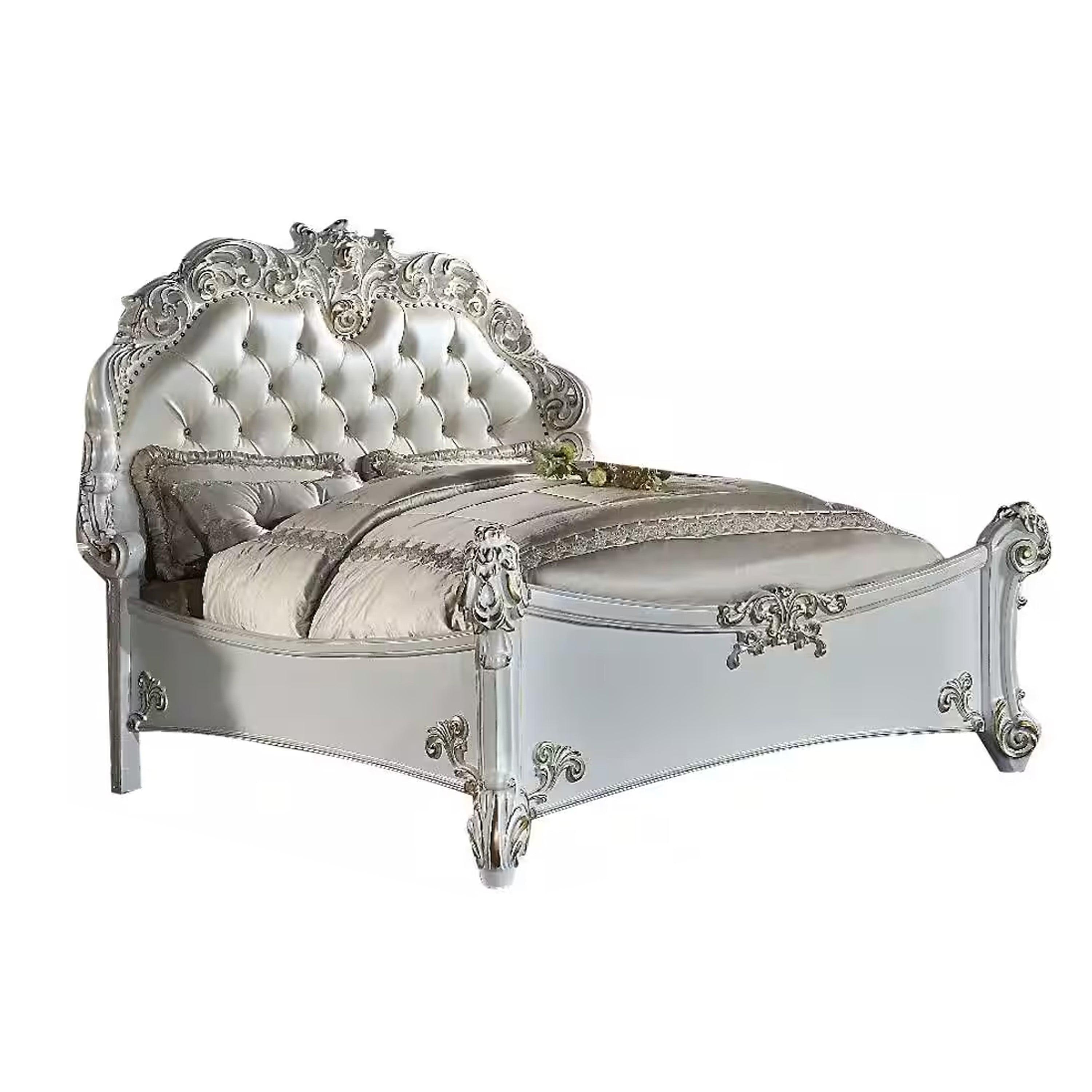 Benjara Antoine Bed, White Faux Leather Victorian Carved, Antique White